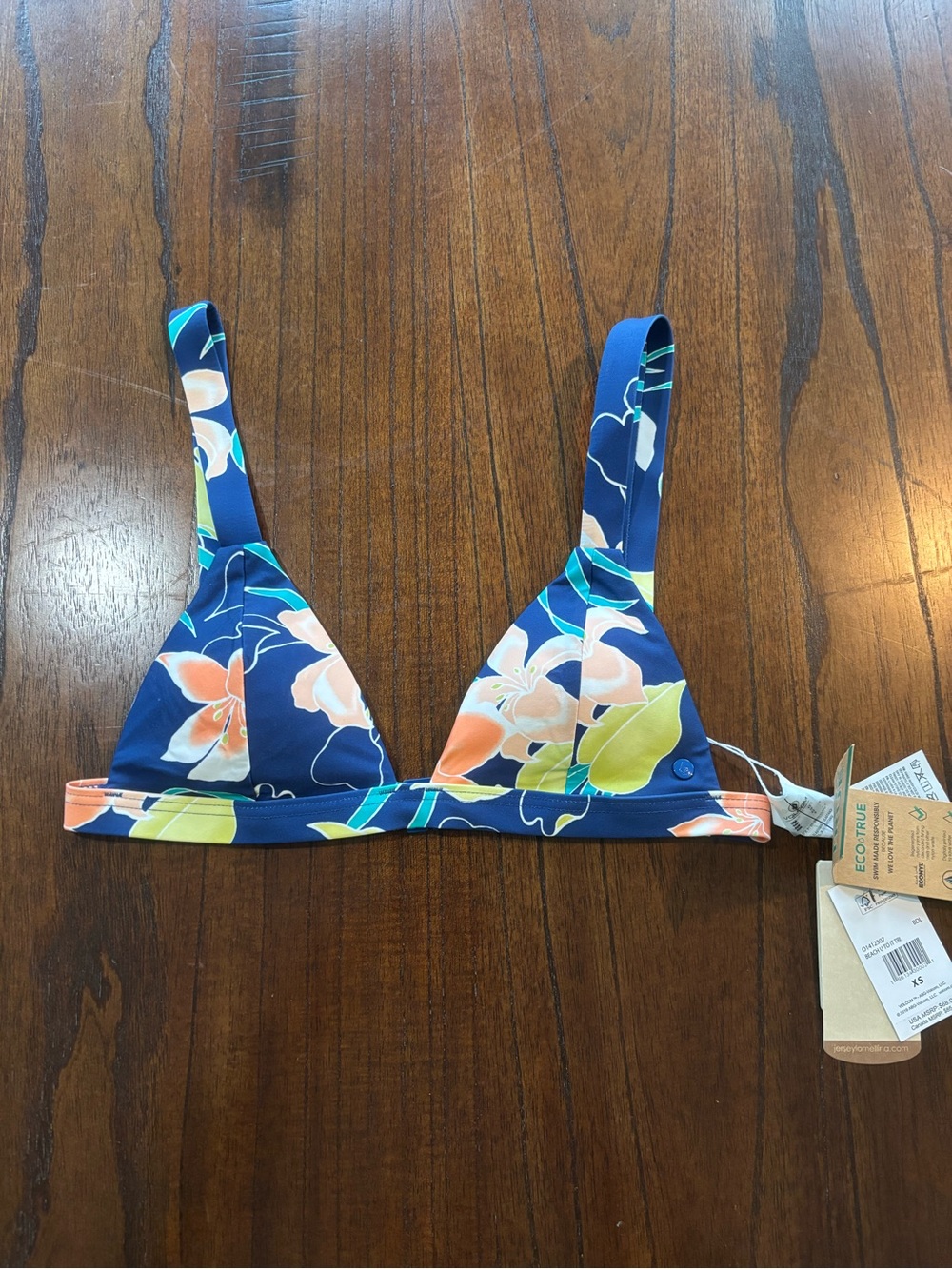 Volcom Navy Bikini Top with Peach & Teal Floral Accents